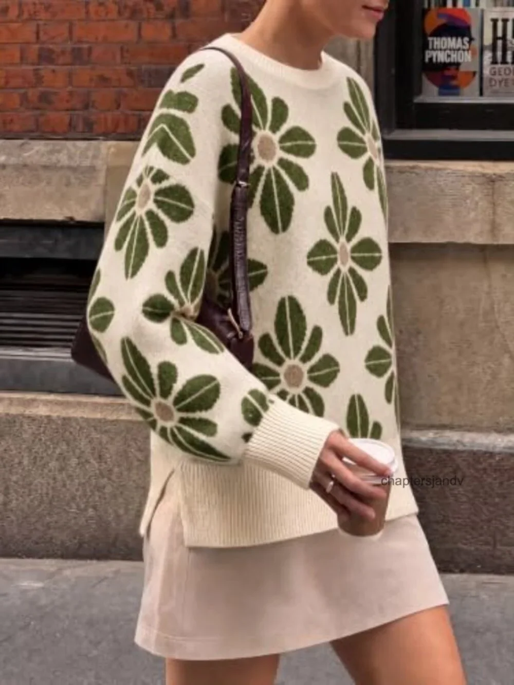 Womens Oversized Floral Chunky Ribbed Knit Sweater Crew Neck Pullover